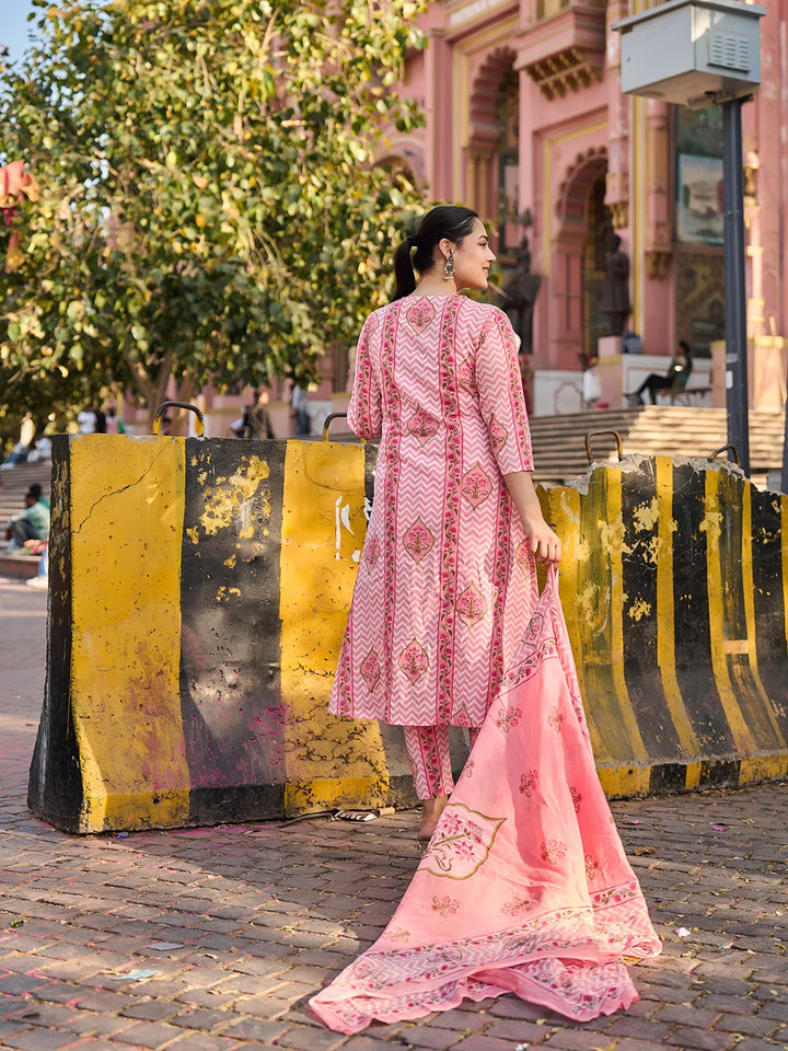 Zig Zag Floral Print A-Line Design Kurta Trouser Dupatta Set