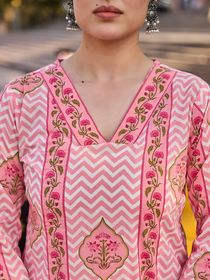 Zig Zag Floral Print A-Line Design Kurta Trouser Dupatta Set