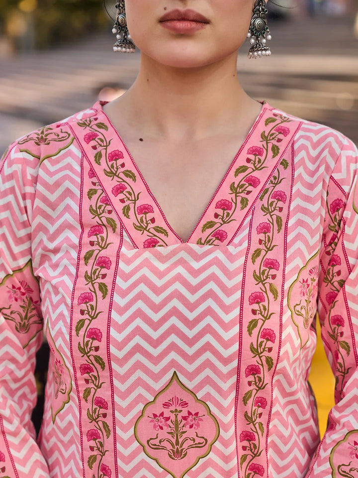 Zig Zag Floral Print A-Line Design Kurta Trouser Dupatta Set