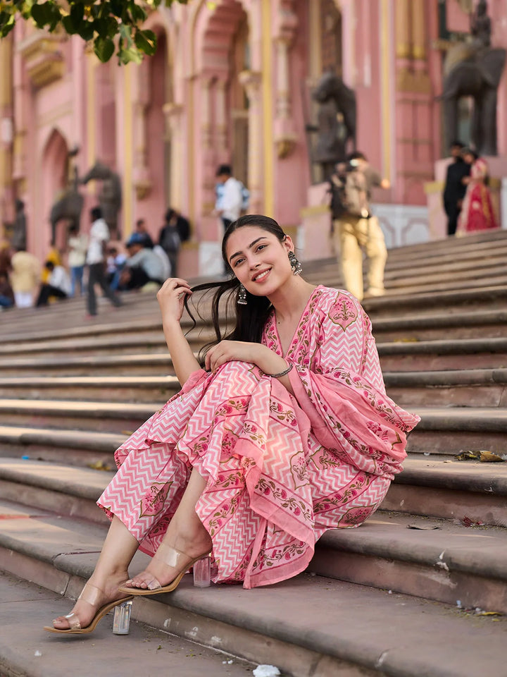 Zig Zag Floral Print A-Line Design Kurta Trouser Dupatta Set