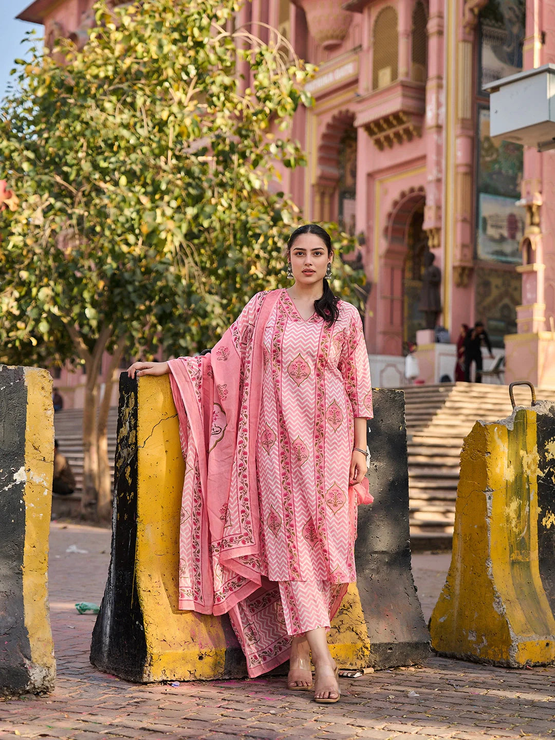 Zig Zag Floral Print A-Line Design Kurta Trouser Dupatta Set