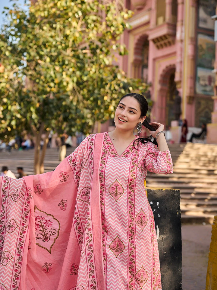 Zig Zag Floral Print A-Line Design Kurta Trouser Dupatta Set
