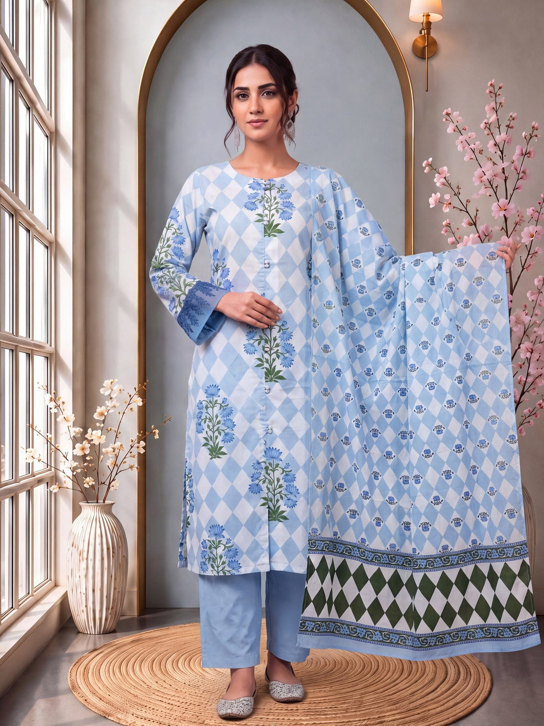Floral And Geometric A-Line Button Yoke Design Kurta Trouser Dupatta Set