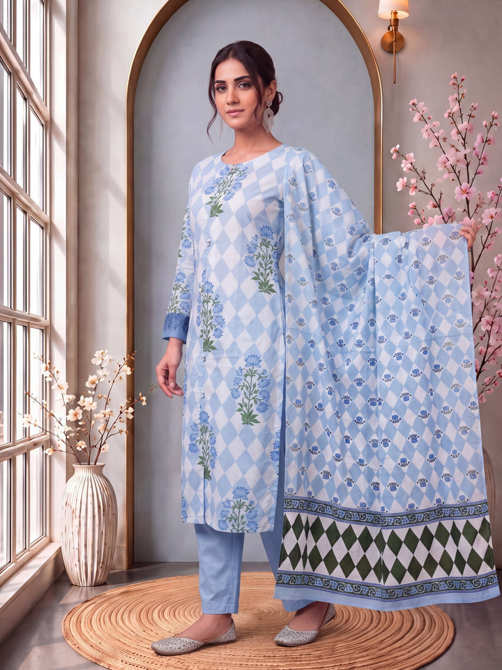 Floral And Geometric A-Line Button Yoke Design Kurta Trouser Dupatta Set