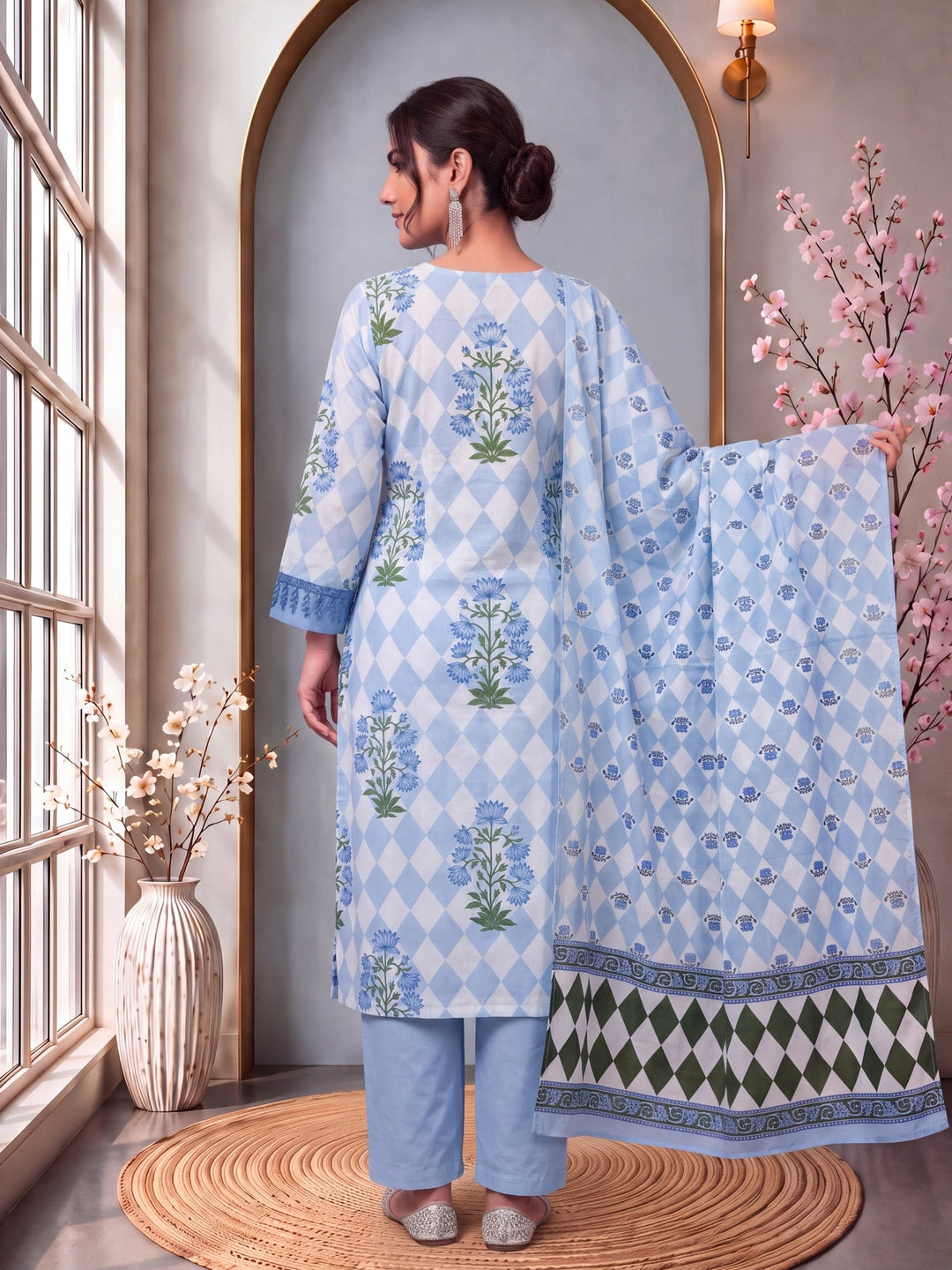 Floral And Geometric A-Line Button Yoke Design Kurta Trouser Dupatta Set
