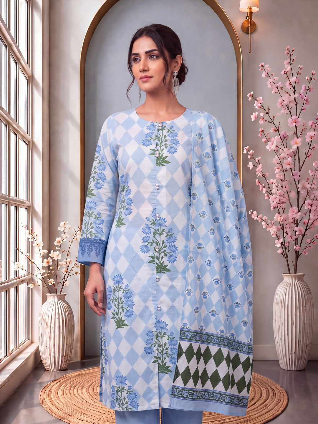 Floral And Geometric A-Line Button Yoke Design Kurta Trouser Dupatta Set