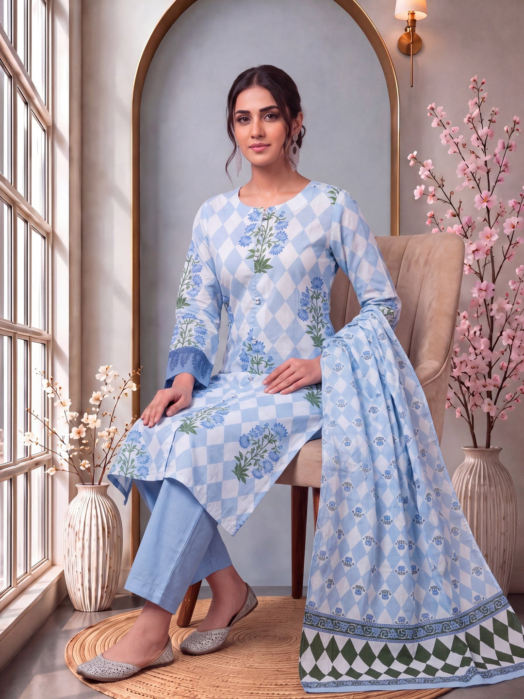 Floral And Geometric A-Line Button Yoke Design Kurta Trouser Dupatta Set