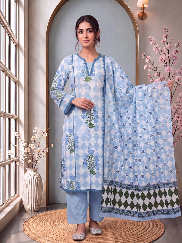 Floral And Geometric Anarkali Lace-Work Kurta Trouser Dupatta Set