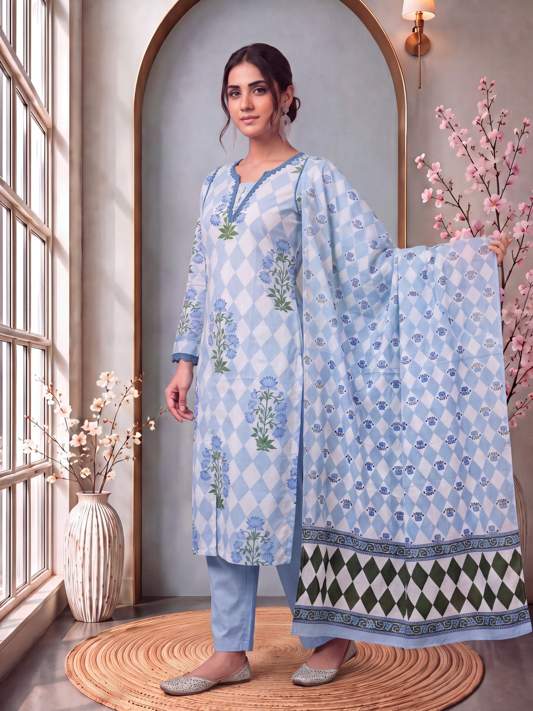 Floral And Geometric Anarkali Lace-Work Kurta Trouser Dupatta Set