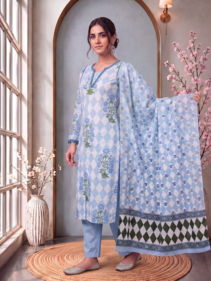 Floral And Geometric Anarkali Lace-Work Kurta Trouser Dupatta Set