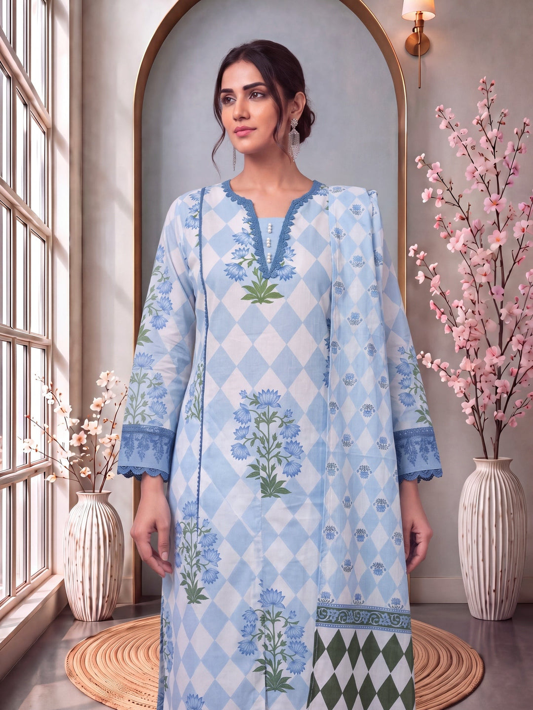 Floral And Geometric Anarkali Lace-Work Kurta Trouser Dupatta Set