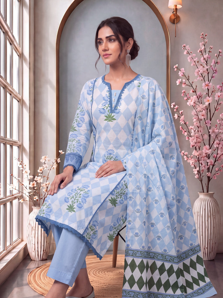 Floral And Geometric Anarkali Lace-Work Kurta Trouser Dupatta Set