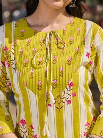 Floral-Printed Yoke With Vertical Pintuck Detailing Kurta Trouser Dupatta Set