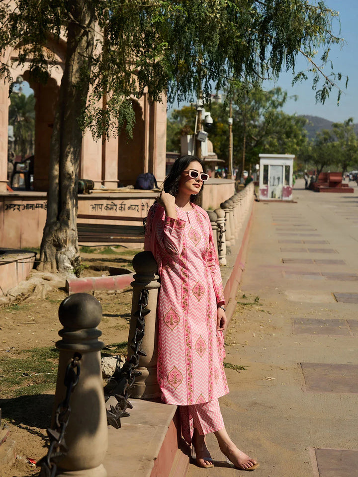 Zig Zag Floral Print A-Line Design This Kurta Trouser Dupatta Set