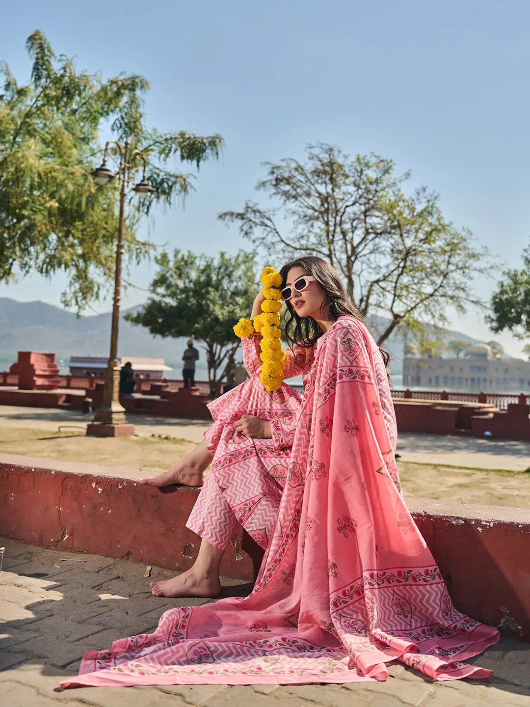 Zig Zag Floral Print A-Line Design This Kurta Trouser Dupatta Set