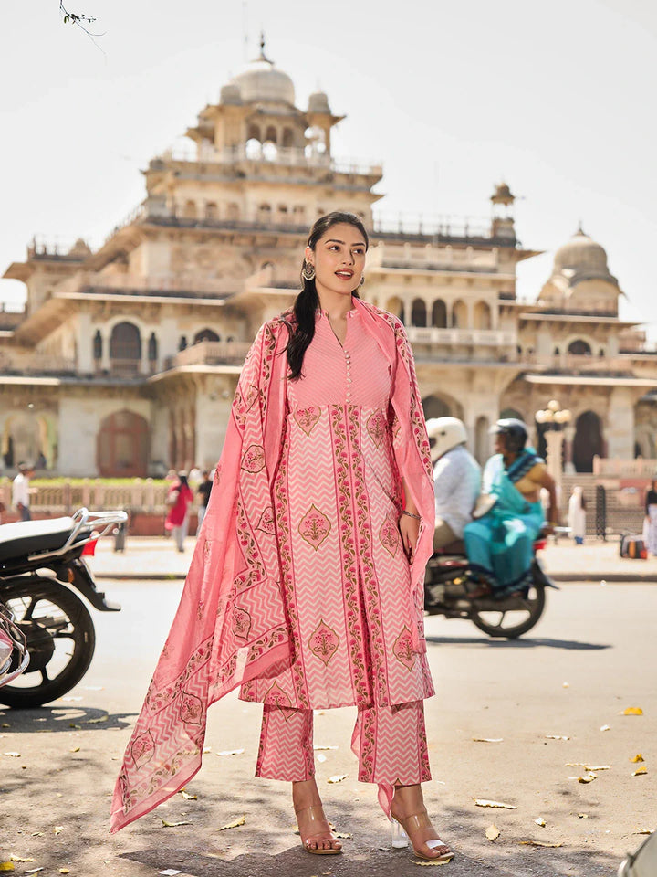Kantha Work A-Line Kurta Trouser Dupatta Set