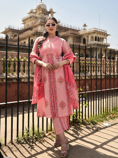 Kantha Work A-Line Kurta Trouser Dupatta Set