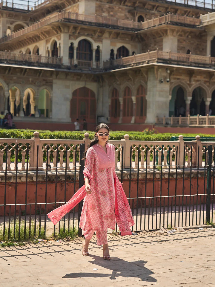 Kantha Work A-Line Kurta Trouser Dupatta Set