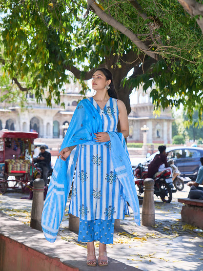 Striped A-Line Design Kurta Trouser Dupatta Set