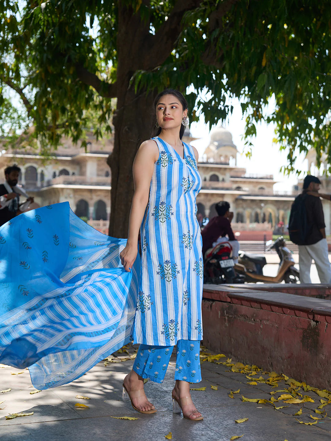 Striped A-Line Design Kurta Trouser Dupatta Set
