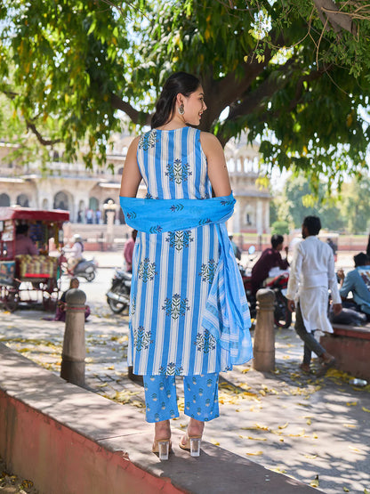 Striped A-Line Design Kurta Trouser Dupatta Set