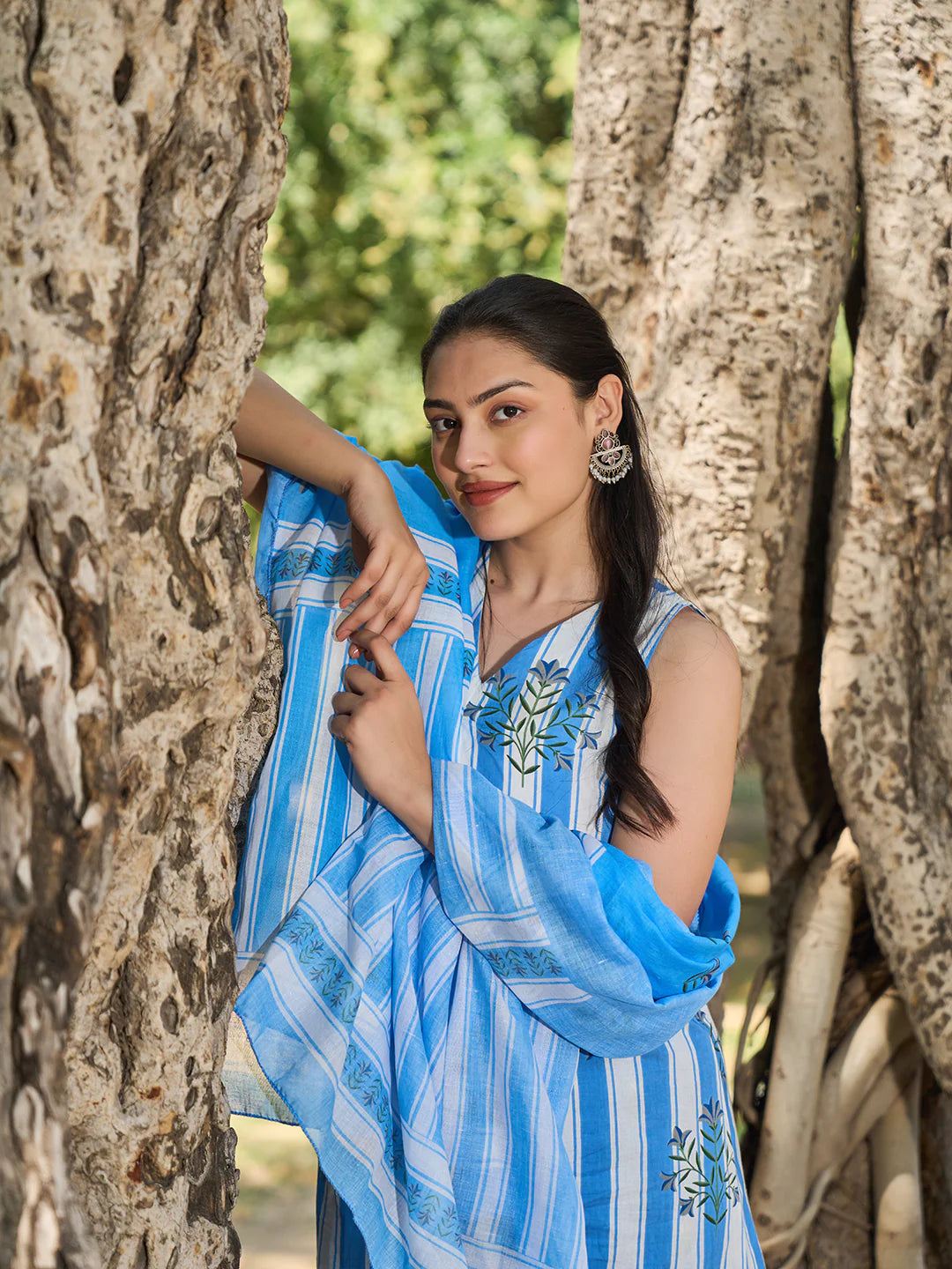 Striped A-Line Design Kurta Trouser Dupatta Set