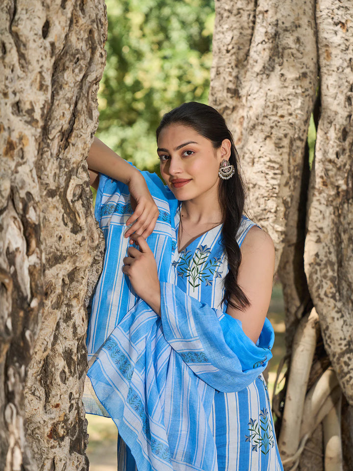 Striped A-Line Design Kurta Trouser Dupatta Set