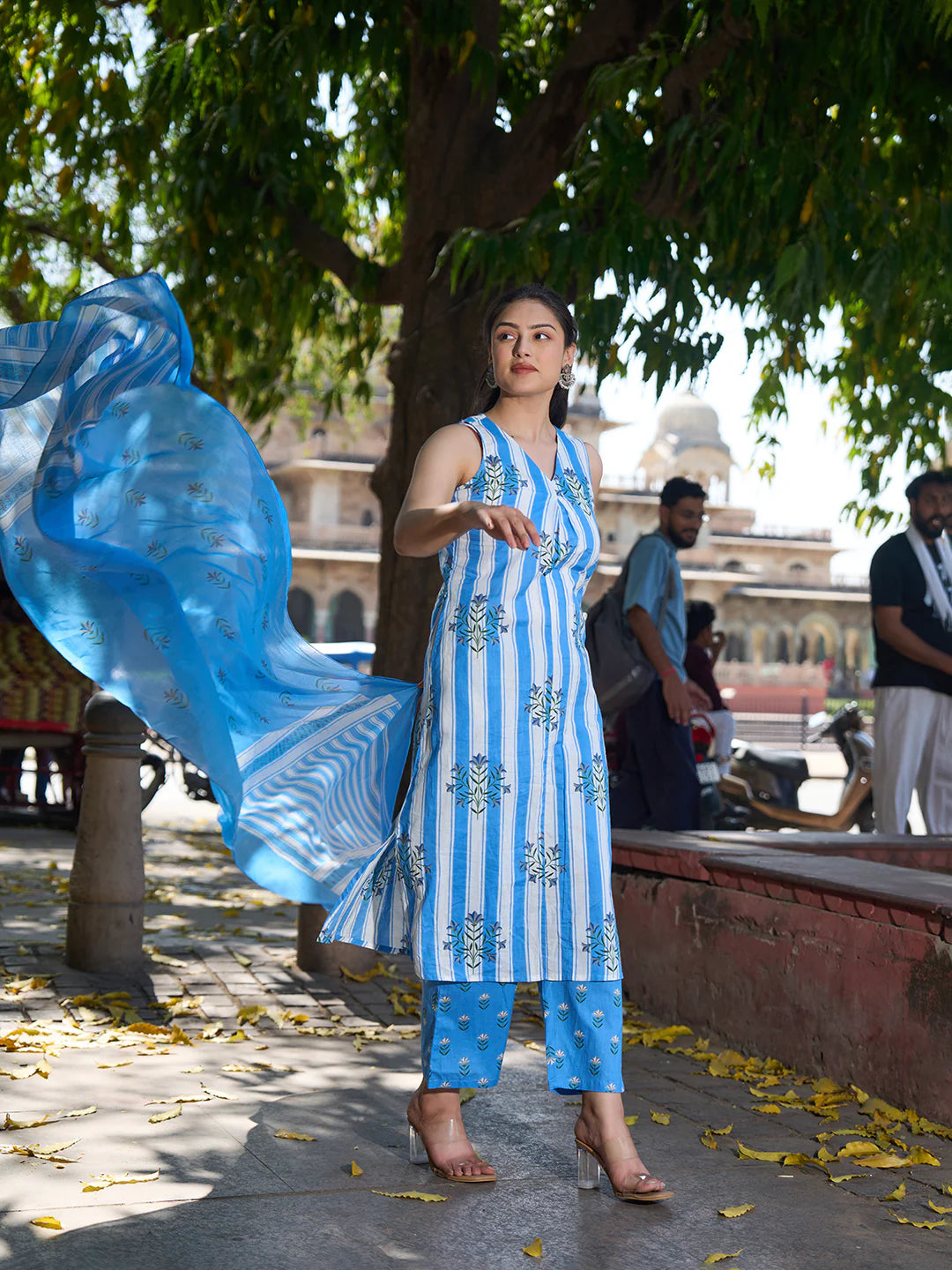 Striped A-Line Design Kurta Trouser Dupatta Set