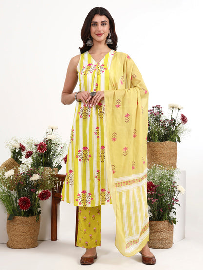 Striped A-Line Design Kurta Trouser Dupatta Set