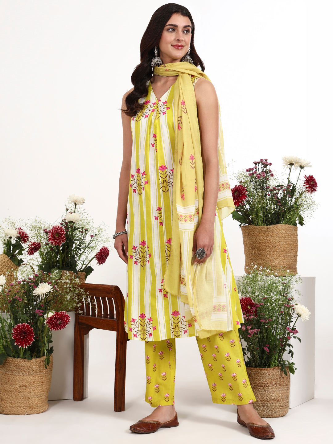 Striped A-Line Design Kurta Trouser Dupatta Set