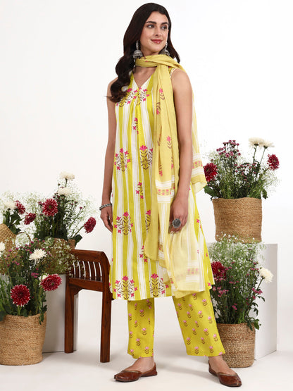 Striped A-Line Design Kurta Trouser Dupatta Set