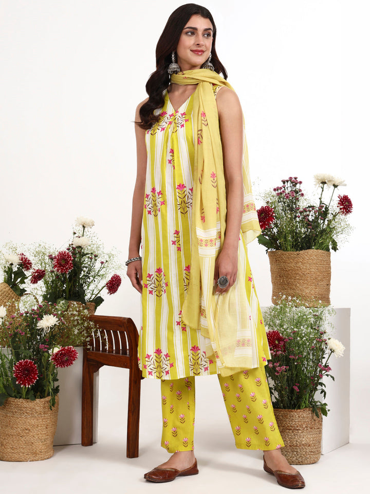 Striped A-Line Design Kurta Trouser Dupatta Set