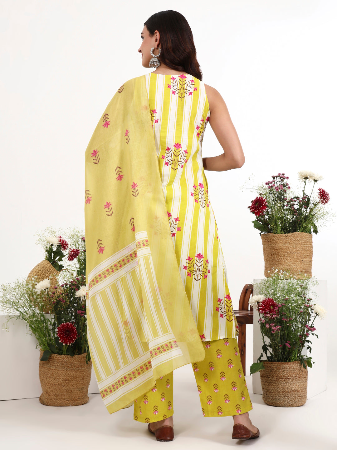 Striped A-Line Design Kurta Trouser Dupatta Set