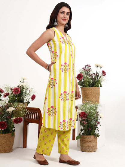 Striped A-Line Design Kurta Trouser Dupatta Set