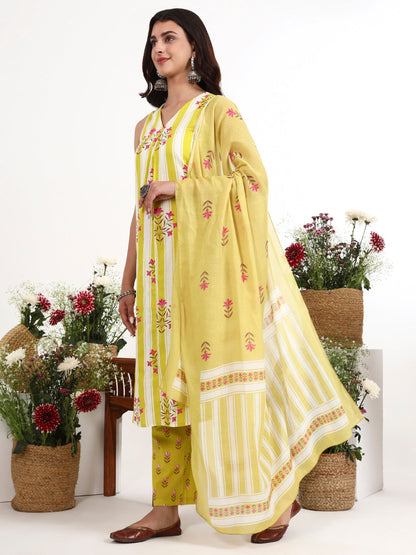 Striped A-Line Design Kurta Trouser Dupatta Set