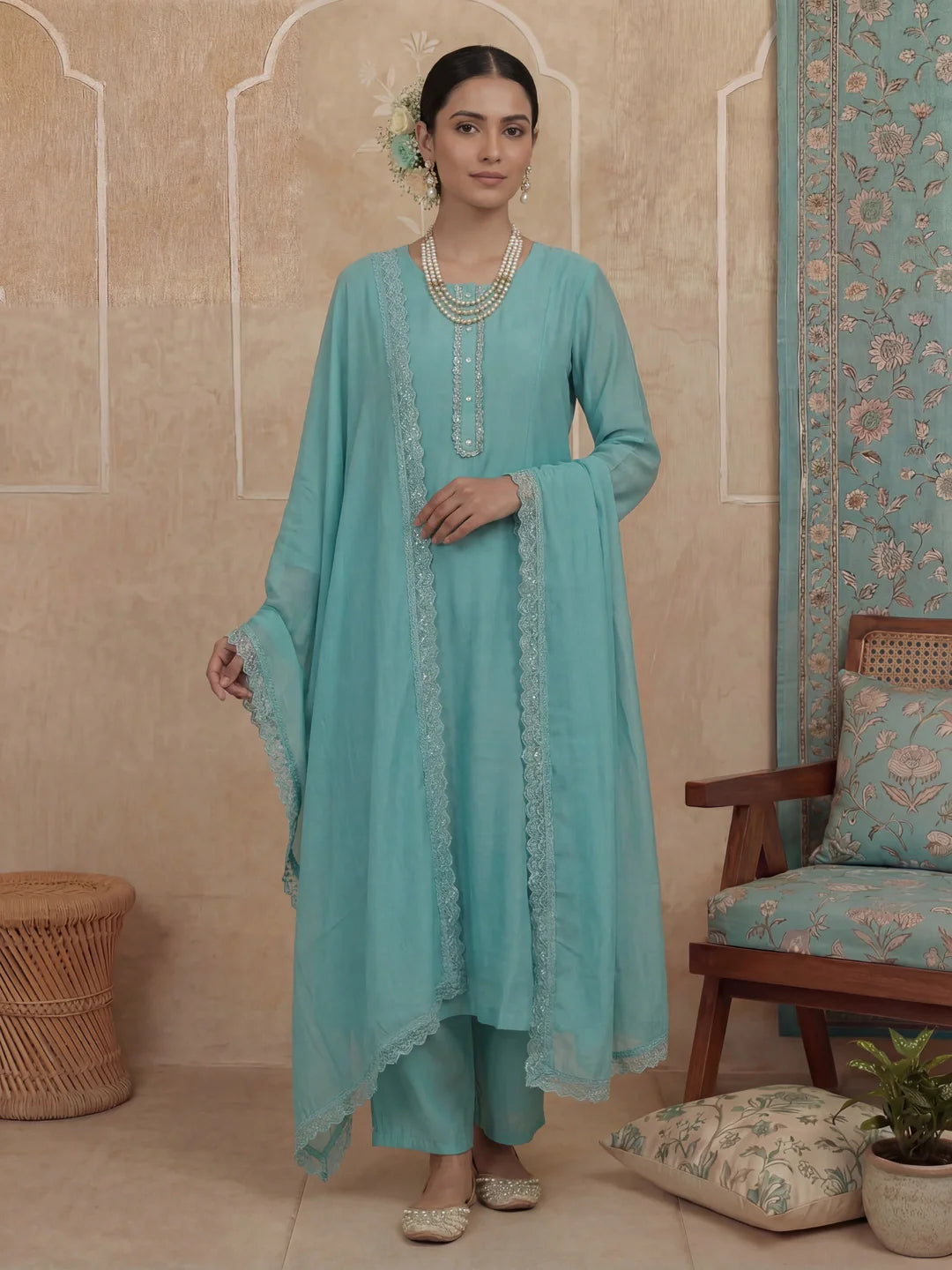 Solid A-Line Design Lining Kurta Trouser Dupatta Set