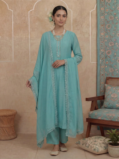 Solid A-Line Design Lining Kurta Trouser Dupatta Set