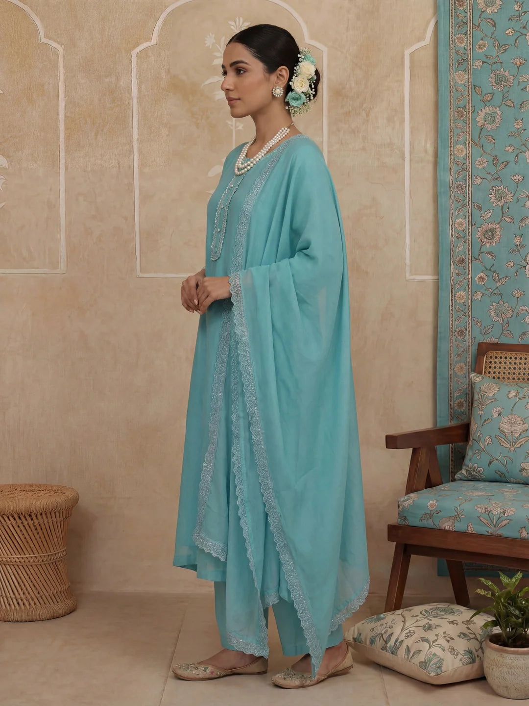 Solid A-Line Design Lining Kurta Trouser Dupatta Set