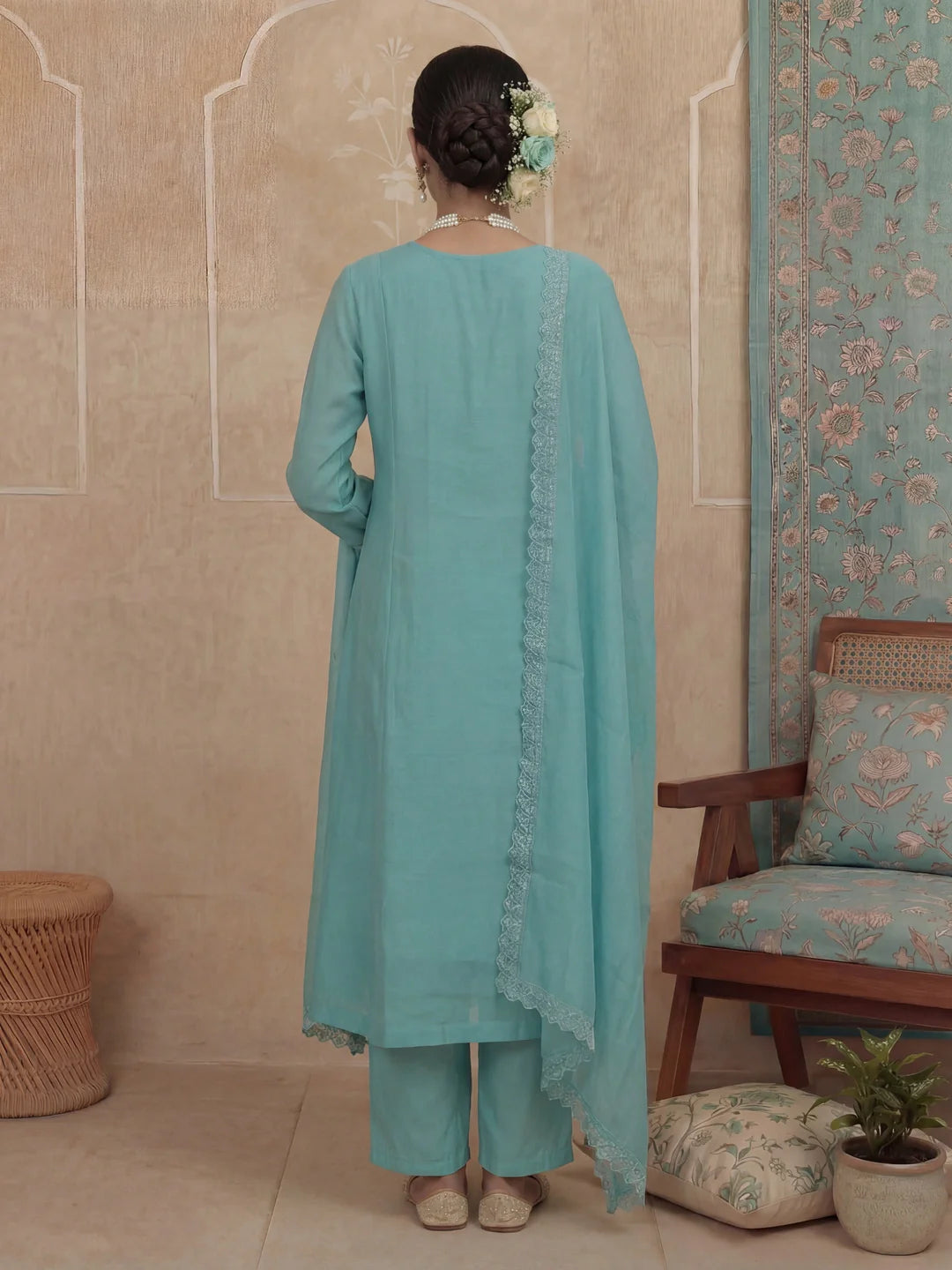 Solid A-Line Design Lining Kurta Trouser Dupatta Set