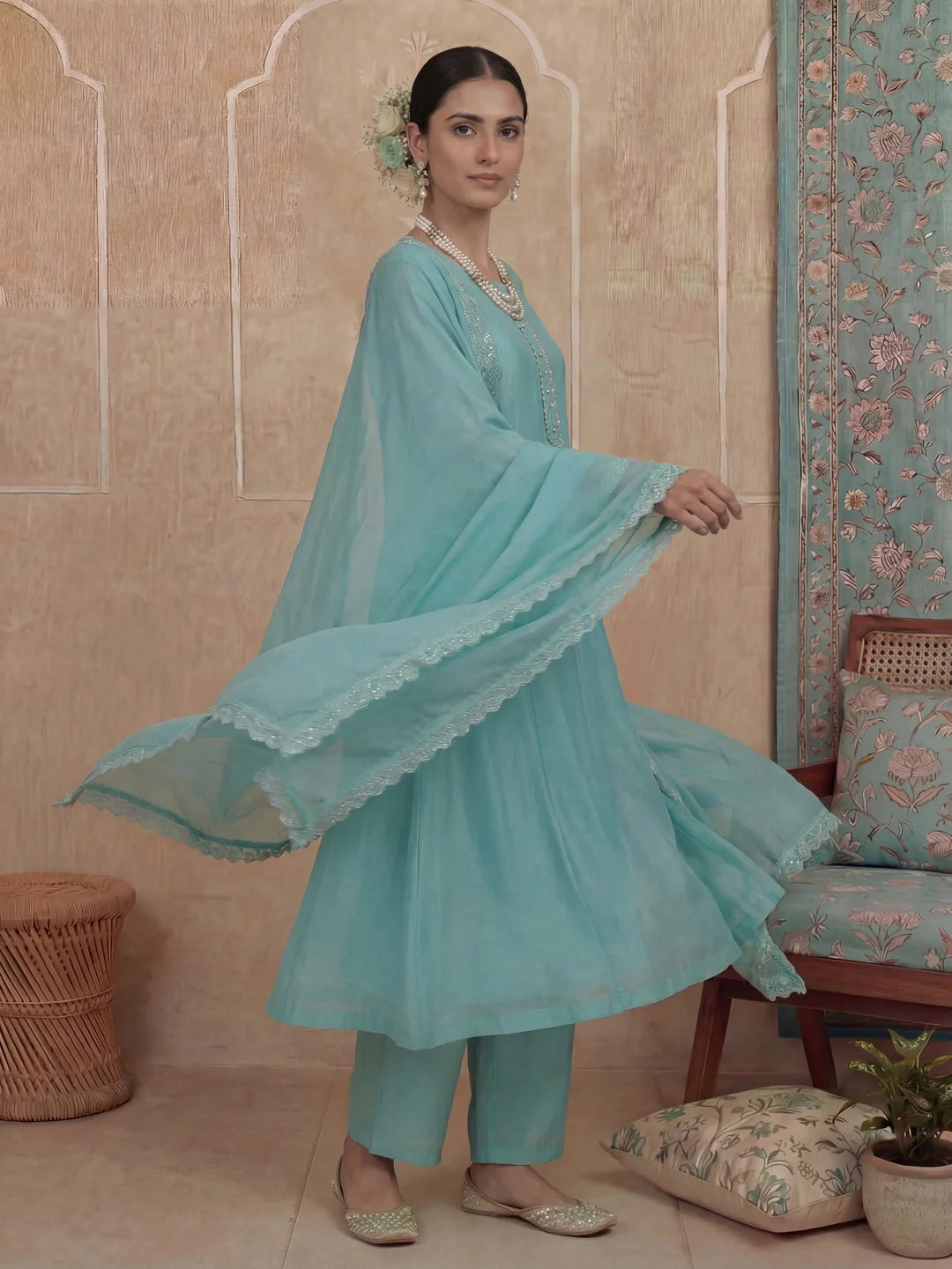 Solid A-Line Design Lining Kurta Trouser Dupatta Set
