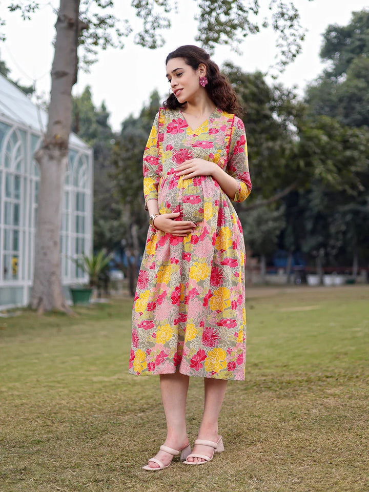 Green Cotton Floral Print Gathered Or Pleated Materinty Dress
