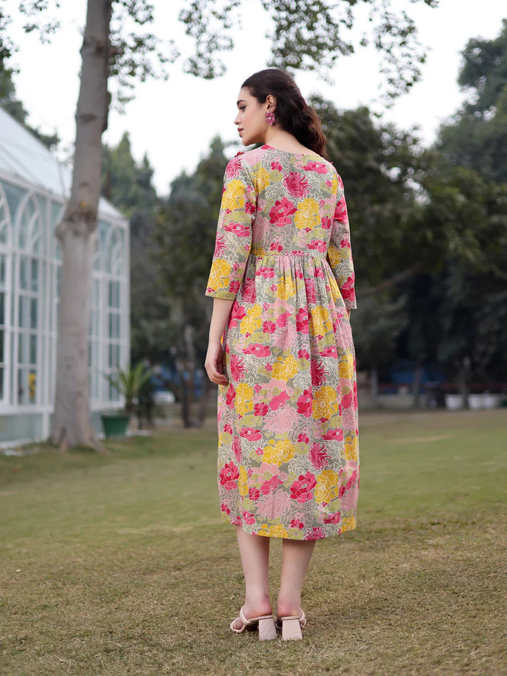 Green Cotton Floral Print Gathered Or Pleated Materinty Dress
