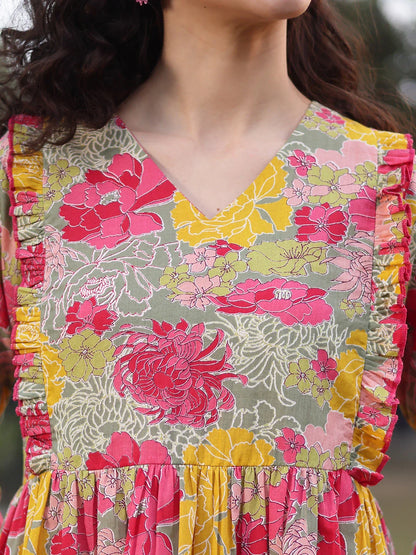 Green Cotton Floral Print Gathered Or Pleated Materinty Dress