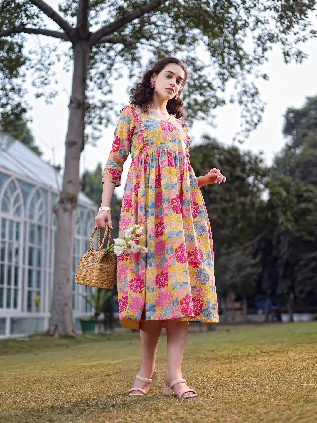 Mustard Cotton Floral Print Gathered Or Pleated Materinty Dress