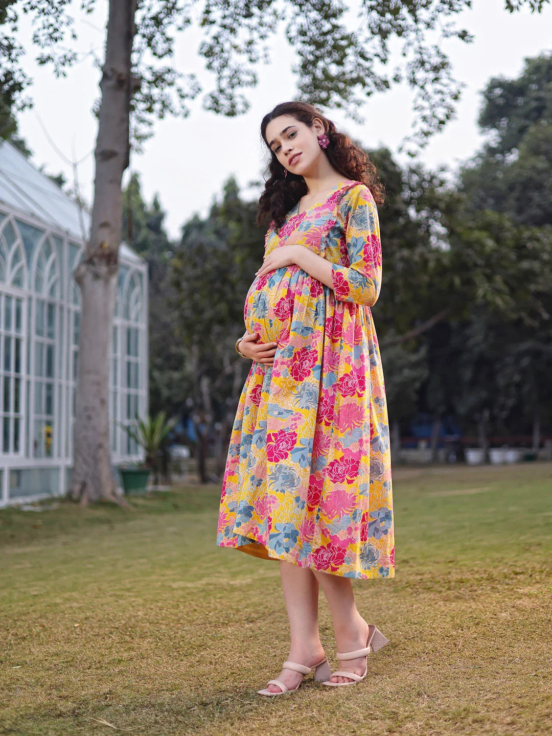 Mustard Cotton Floral Print Gathered Or Pleated Materinty Dress