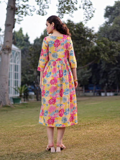 Mustard Cotton Floral Print Gathered Or Pleated Materinty Dress