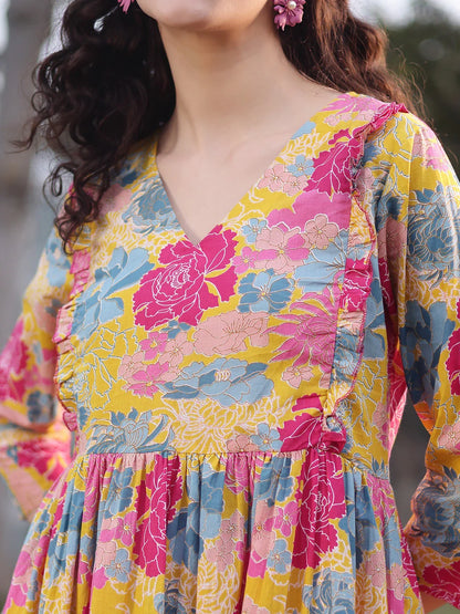 Mustard Cotton Floral Print Gathered Or Pleated Materinty Dress