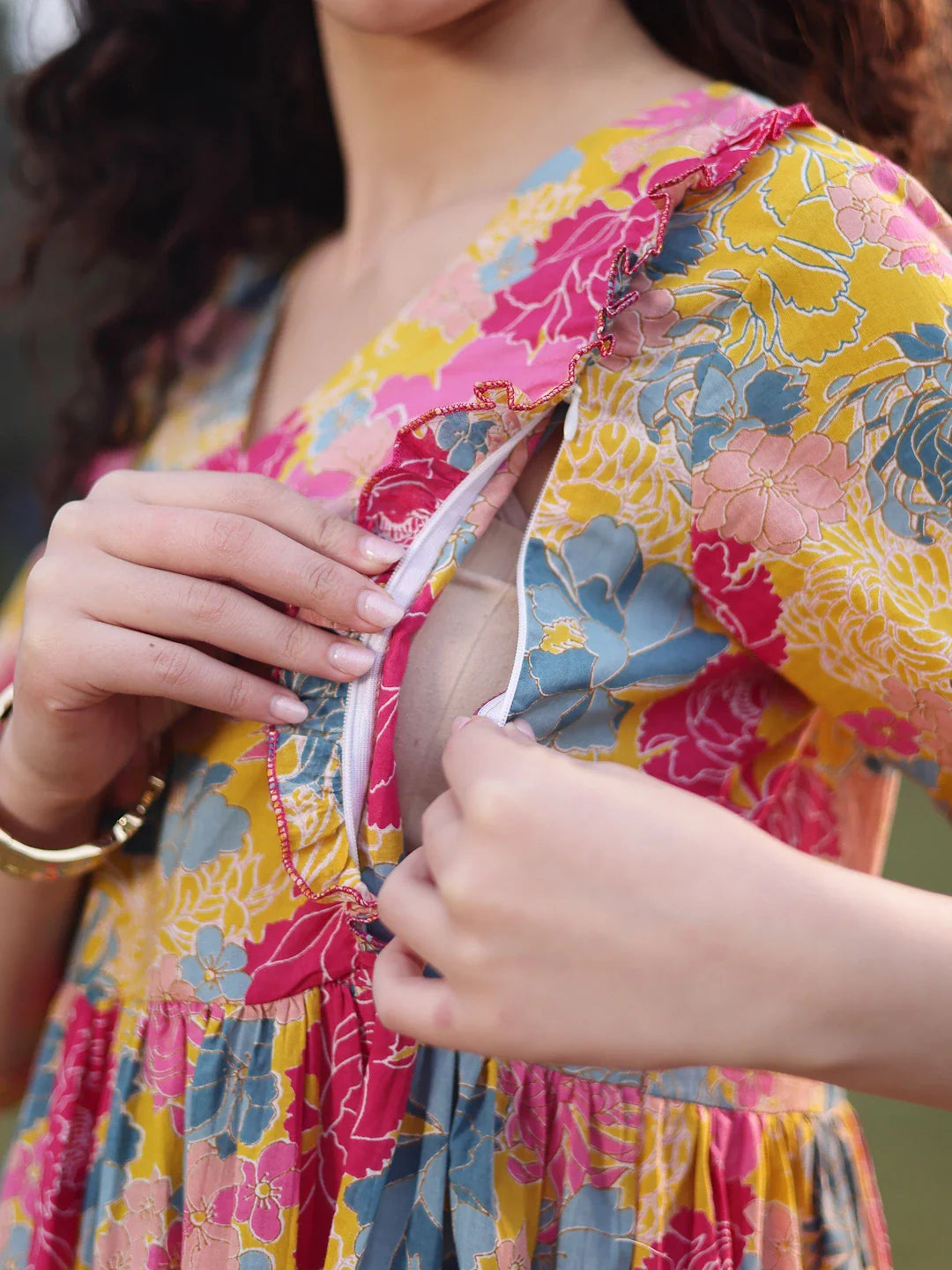 Mustard Cotton Floral Print Gathered Or Pleated Materinty Dress
