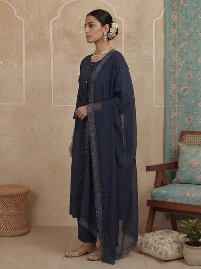Solid A-Line Front Open Button Kurta Lining Kurta Trouser Dupatta Set