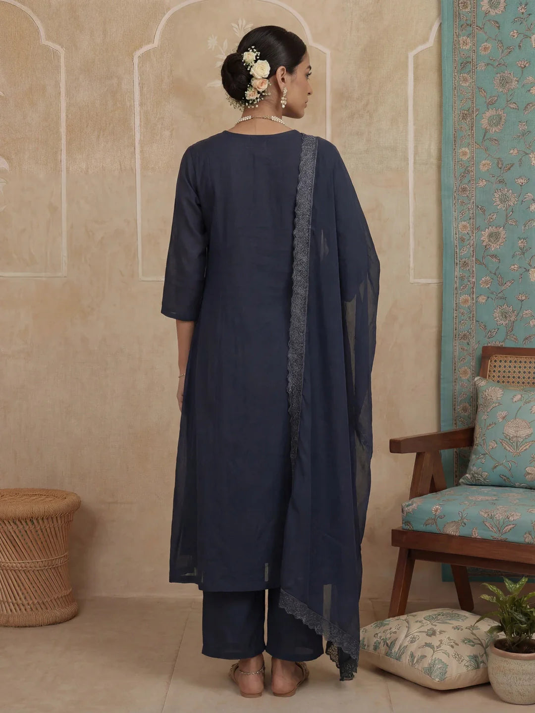 Solid A-Line Front Open Button Kurta Lining Kurta Trouser Dupatta Set